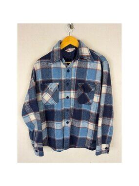 Vintage 70s Van Cort Blue Plaid Wool Linen Blend Flannel Shirt Jacket Mens M
